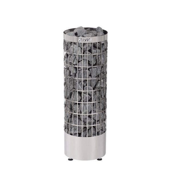 თეთრ ფონზე მოთავსებულია ვერცხლისფერი საუნის ელექტრო გამათბობელი Harvia Glow TRT90E 9.0 Steel მასში ჩაყრილია საუნის ქვები