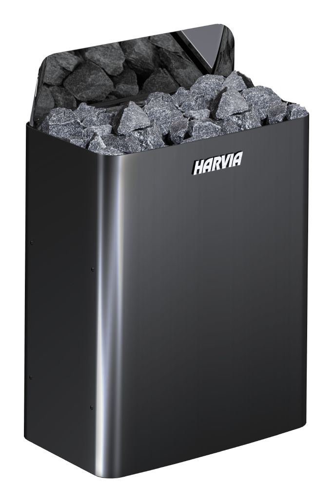 თეთრ ფოზნე მოთავსებულია შავი ფერის საუნის  ელექტრო გამათბობელი Harvia The Wall SW60E 6.0 kW Steel Black