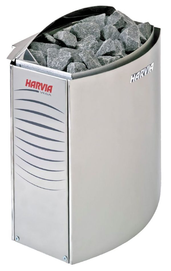 თეთრ ფონზე მოთასვებულია ვერცხლისფერი საუნის ელექტრო გამათბობელი Harvia Vega BC90E Steel 9.0 kw
