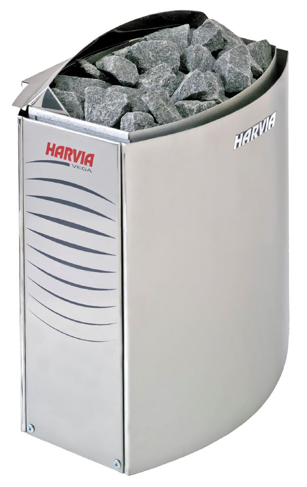 თეთღ ფონზე მოთავსებულია ვერცხლისფერი საუნის ელექტრო გამათბობელი Harvia Vega BC60E Steel 6KW