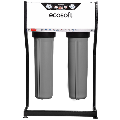 თეთრ ფონზე მოთავსებულია ფილტრი მთელი სახლისთვის Ecosoft AquaPoint (FPV24520ECO) კორპუსი არის თეთრი კარშემო აქვს შავი რკინის კარკასი და შუაშ მოთავსებულია 2 ცალი მექანიკური წმენდის ფილტრი
