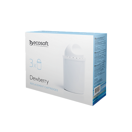 თეთრ ფონზე მოთავსებულია Ecosoft ფირმის შემცვლელი კარტრიჯის ნაკრები  Dewberry Slim და Dewberry Shape ფილტრის დოქებში